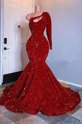Glamoroso vestido de fiesta de sirena con mangas largas y un solo hombro en rojo y lentejuelas